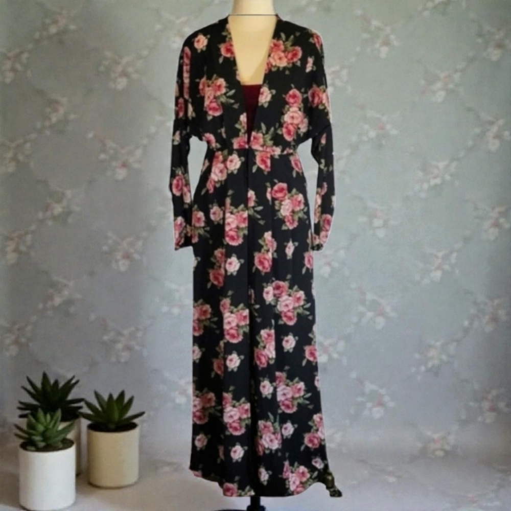 NWOT Francesca's Blue Rain Floral Open Front Maxi Dress Ladies Size S